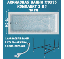 Акриловая ванна 1MarKa Bianca Стандарт 2 170x75 см, встраиваемая, белая, с каркасом, со сливом-переливом