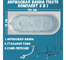 Акриловая ванна 1MarKa Alisa MG L Стандарт 2 170x75 см, угловая, левая, встраиваемая, белая, асимметричная, с каркасом, со сливом-переливом