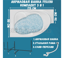 Акриловая ванна 1MarKa Ergonomika L Стандарт 2 175x110 см, угловая, левая, встраиваемая, белая, асимметричная, с каркасом, с сиденьем, со сливом-переливом