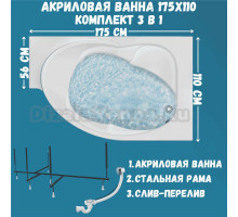 Акриловая ванна 1MarKa Ergonomika R Стандарт 2 175x110 см, угловая, правая, встраиваемая, белая, асимметричная, с каркасом, с сиденьем, со сливом-переливом