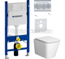 Комплект Унитаз подвесной Bauedge Bau Stil белый, безободковый, с микролифтом + Шумоизоляция Geberit 156.050.00.1 + Инсталляция Duofix Delta 458.163.21.1 с кнопкой смыва, хром