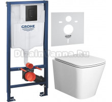 Комплект Унитаз подвесной Bauedge Bau Stil белый, безободковый, с микролифтом + Шумоизоляция Grohe 37131000 + Инсталляция Rapid SL 38811KFO 3 в 1 с кнопкой смыва