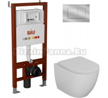 Комплект Унитаз подвесной Bauedge Bau Dream безободковый, с микролифтом + Система инсталляции для унитазов Bau Pro с кнопкой смыва Bau Stil хром