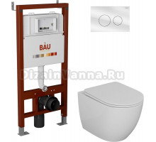 Комплект Унитаз подвесной Bauedge Bau Dream безободковый, с микролифтом + Система инсталляции для унитазов Bau Pro с кнопкой смыва из стекла Bau белый