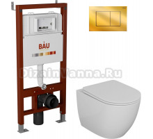 Комплект Унитаз подвесной Bauedge Bau Dream безободковый, с микролифтом + Система инсталляции для унитазов Bau Pro с кнопкой смыва Bau Hotel золото