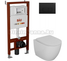 Комплект Унитаз подвесной Bauedge Bau Dream безободковый, с микролифтом + Система инсталляции для унитазов Bau Pro с кнопкой смыва Bau черный матовый