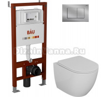 Комплект Унитаз подвесной Bauedge Bau Dream безободковый, с микролифтом + Система инсталляции для унитазов Bau Pro с кнопкой смыва Bau нержавеющая сталь