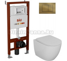 Комплект Унитаз подвесной Bauedge Bau Dream безободковый, с микролифтом + Система инсталляции для унитазов Bau Pro с кнопкой смыва Bau Stil бронза
