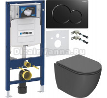 Комплект Унитаз подвесной Bauedge Bau Dream Hurricane-2 темно-серый матовый, безободковый, с микролифтом + Крепления Geberit Duofix 111.815.00.1 к стене + Шумоизоляция 156.050.00.1 + Инсталляция UP 320 111.300.00.5 + Кнопка Sigma 01 115.770.DW.5 черная