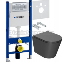 Комплект Унитаз подвесной Bauedge Bau Nimb темно-серый матовый, безободковый, с микролифтом + Инсталляция Geberit Duofix Delta 458.149.21.1 с кнопкой смыва, хром + Шумоизоляция 156.050.00.1