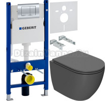 Комплект Унитаз подвесной Bauedge Bau Dream Hurricane-2 темно-серый матовый, безободковый, с микролифтом + Инсталляция Geberit Duofix Delta 458.163.21.1 с кнопкой смыва, хром + Шумоизоляция 156.050.00.1