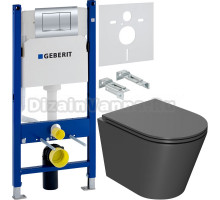 Комплект Унитаз подвесной Bauedge Bau Nimb темно-серый матовый, безободковый, с микролифтом + Инсталляция Geberit Duofix Delta 458.163.21.1 с кнопкой смыва, хром + Шумоизоляция 156.050.00.1