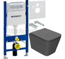 Комплект Унитаз подвесной Bauedge Bau Stil Hurricane-2 темно-серый матовый, безободковый, с микролифтом + Инсталляция Geberit Duofix Delta 458.163.21.1 с кнопкой смыва, хром + Шумоизоляция 156.050.00.1