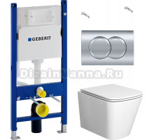 Комплект Унитаз подвесной Bauedge Bau Stil белый, безободковый, с микролифтом + Инсталляция Geberit Duofix Delta 458.149.21.1 с кнопкой смыва, хром