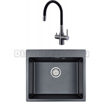 Комплект Мойка кухонная Paulmark Kante PM106052-BLM черный металлик + Смеситель Salix 213419-GM вороненая сталь, черный, с гибким изливом