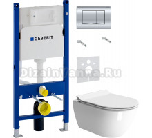 Комплект Унитаз подвесной GSI Pura 881611 безободковая + Крышка Norm MS86CSN11 с микролифтом, белая + Инсталляция Geberit Duofix Delta 458.163.21.1 с кнопкой смыва, хром + Шумоизоляция 156.050.00.1