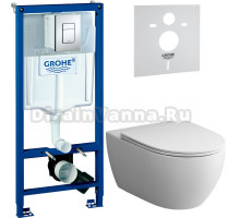 Комплект Унитаз подвесной AM.PM Awe C111700WH + Крышка C117853WH с микролифтом, петли хром + Инсталляция Grohe Rapid SL 38772001 3 в 1 с кнопкой смыва + Шумоизоляция 37131000