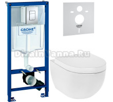 Комплект Унитаз подвесной AM.PM Awe C111738WH + Крышка C117852WH с микролифтом, петли хром + Инсталляция Grohe Rapid SL 38772001 3 в 1 с кнопкой смыва + Шумоизоляция 37131000